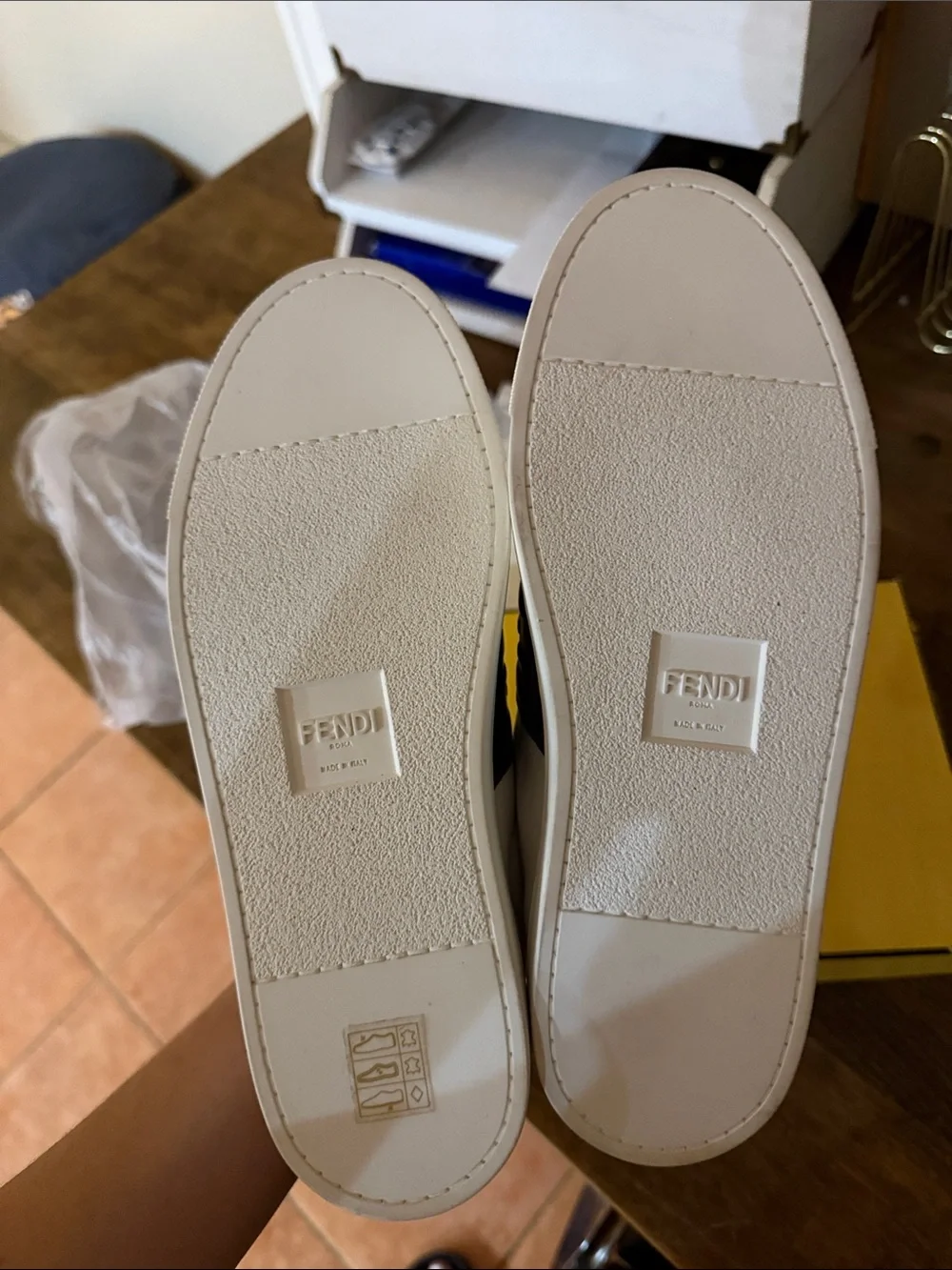 Fendi White Leather Sneakers with Brown Logo Buckle Strap